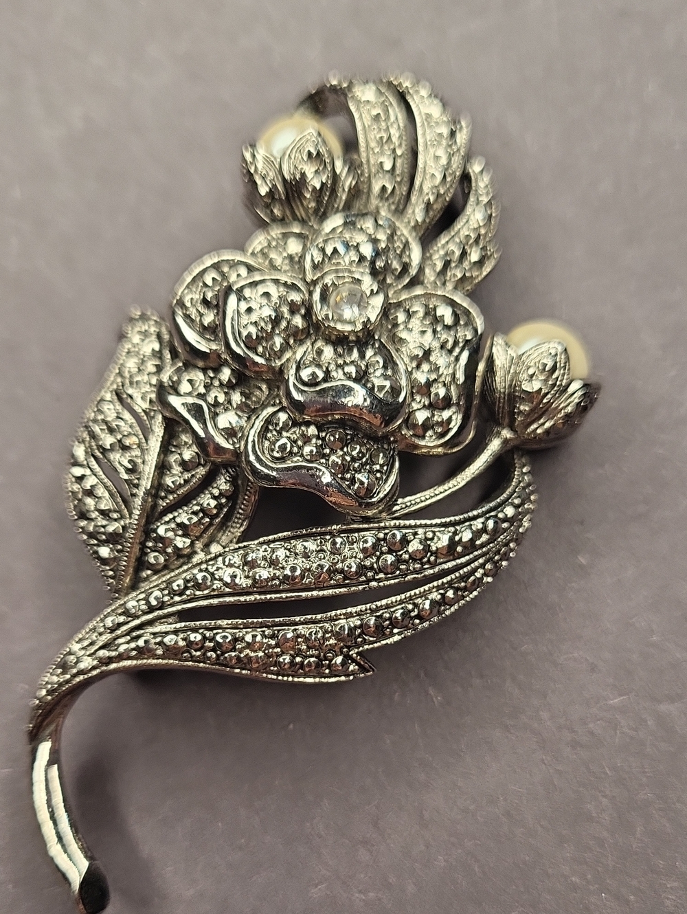 Kenneth Jay Lane Silver-Tone Floral Crystal Brooch